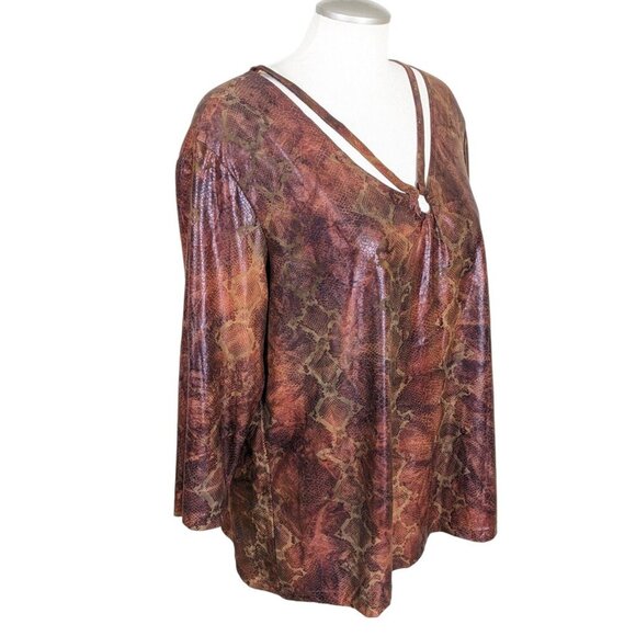 Womens Snakeskin Print Top Plus 2X Edgy Brown Leather Look Reptile Grommet - Picture 3 of 8